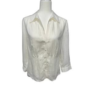 Talbots Irish Linen Button Up Blouse Gather Detail Waist Off white 12 Office
